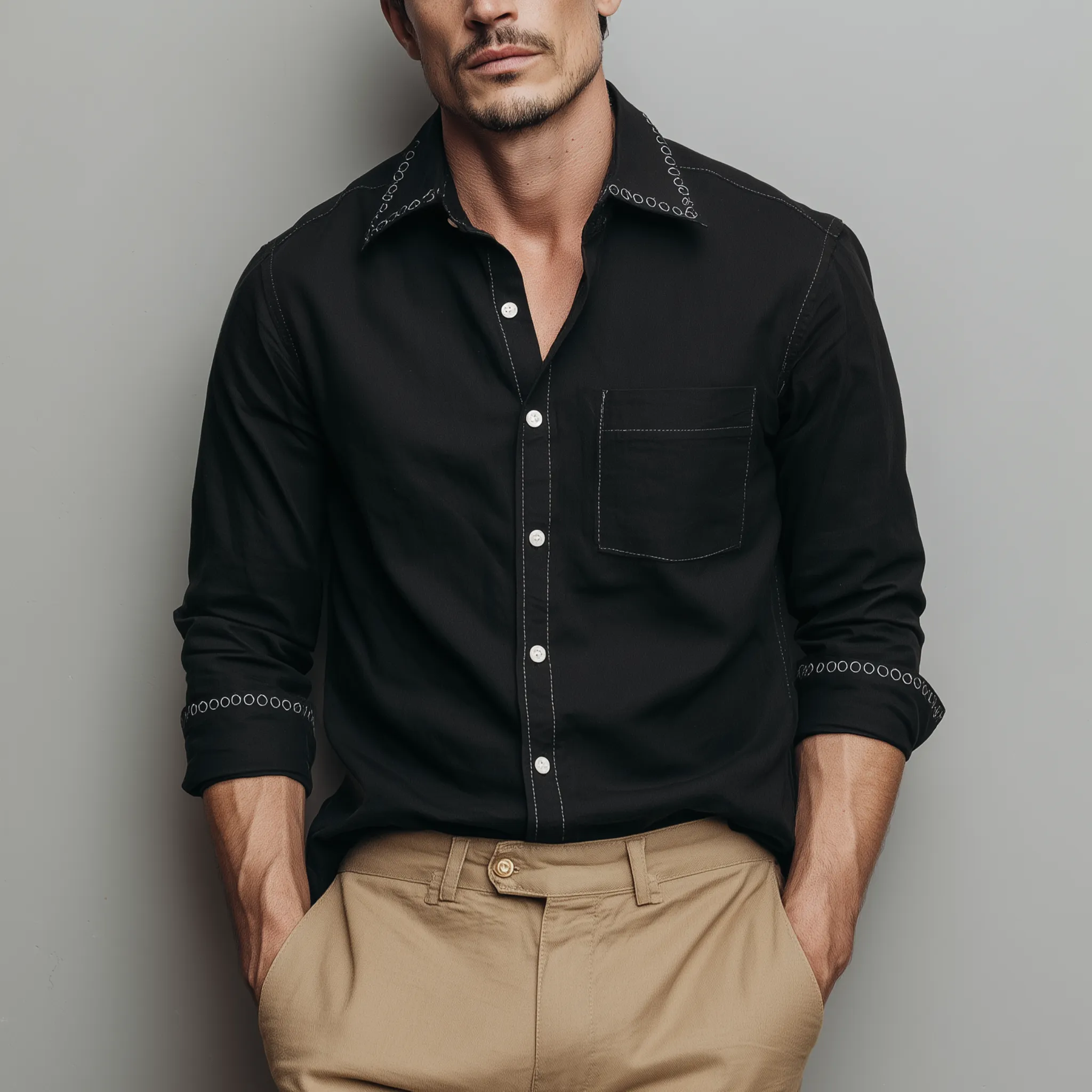 Men's Classic Casual Collar And Cuff Embroidered Cotton Blend Long Sleeve Shirt MTA3036G9K sold by Manly product image thumbnail 2