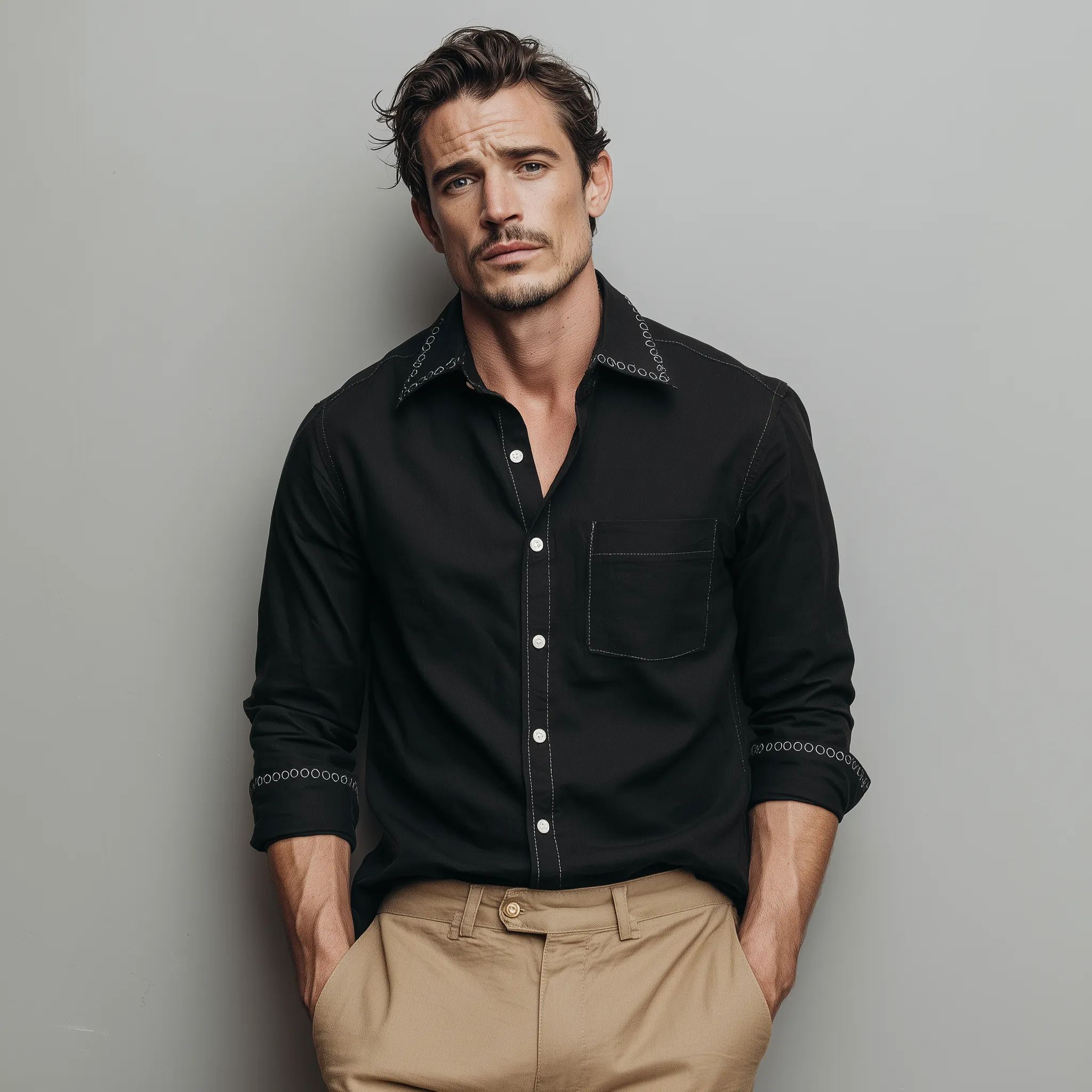 Men's Classic Casual Collar And Cuff Embroidered Cotton Blend Long Sleeve Shirt MTA3036G9K sold by Manly product image thumbnail 3