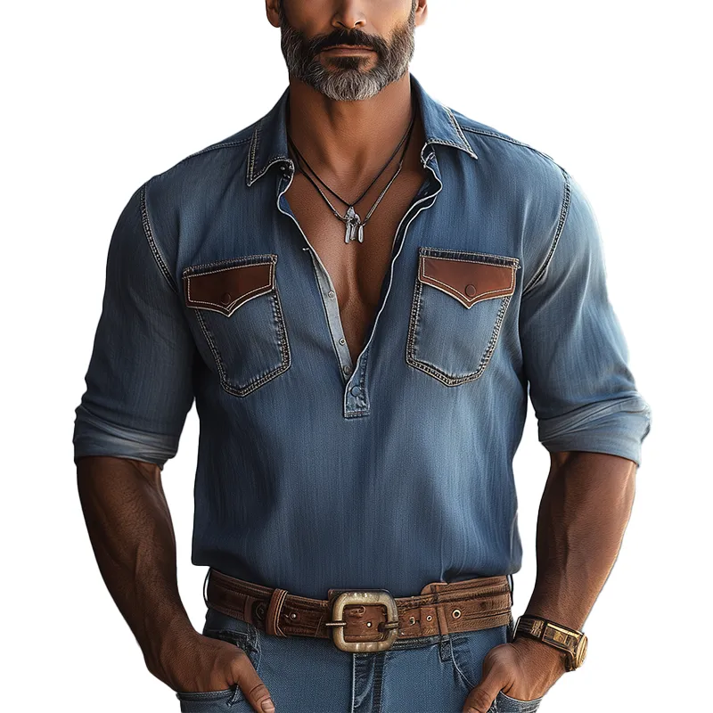 Men's Vintage Denim Suede Patch Long Sleeve Shirt MTA2953G9P sold by Manly