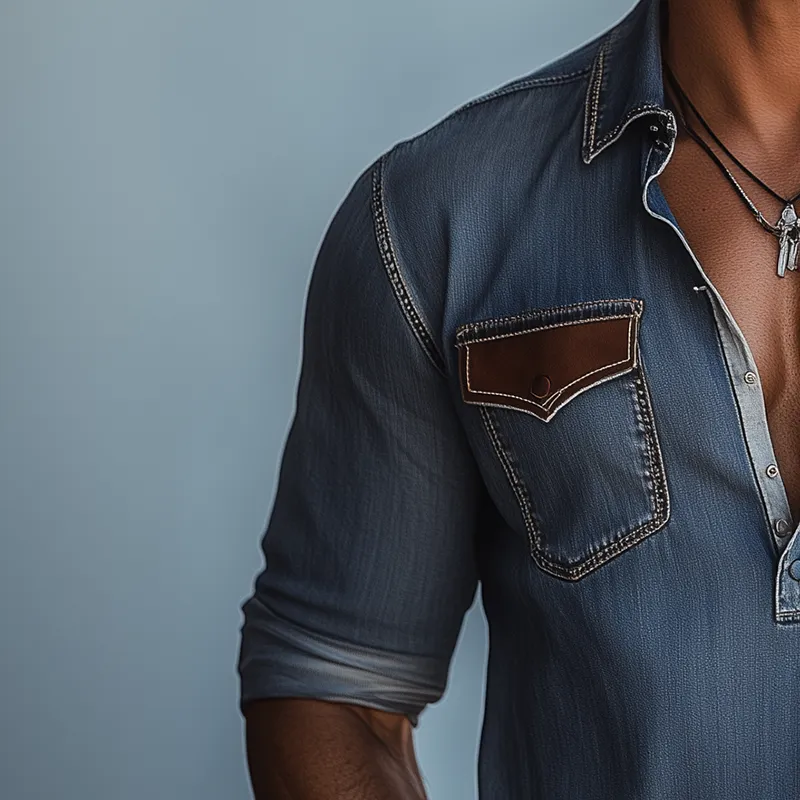 Men's Vintage Denim Suede Patch Long Sleeve Shirt MTA2953G9P sold by Manly product image thumbnail 3