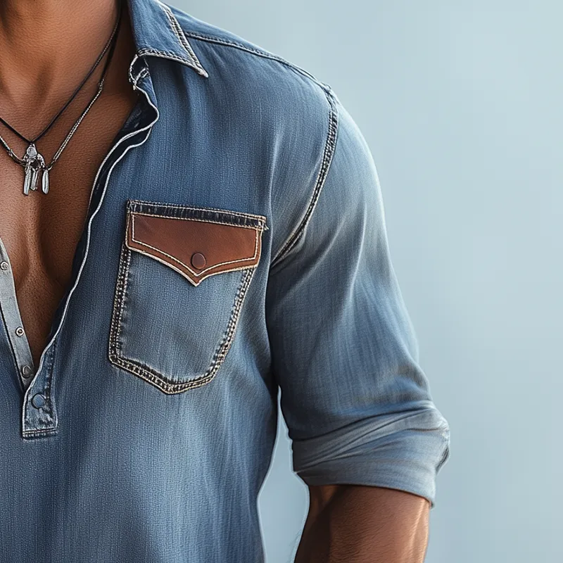 Men's Vintage Denim Suede Patch Long Sleeve Shirt MTA2953G9P sold by Manly product image thumbnail 4