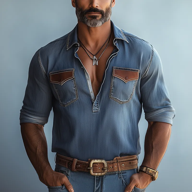 Men's Vintage Denim Suede Patch Long Sleeve Shirt MTA2953G9P sold by Manly product image thumbnail 2