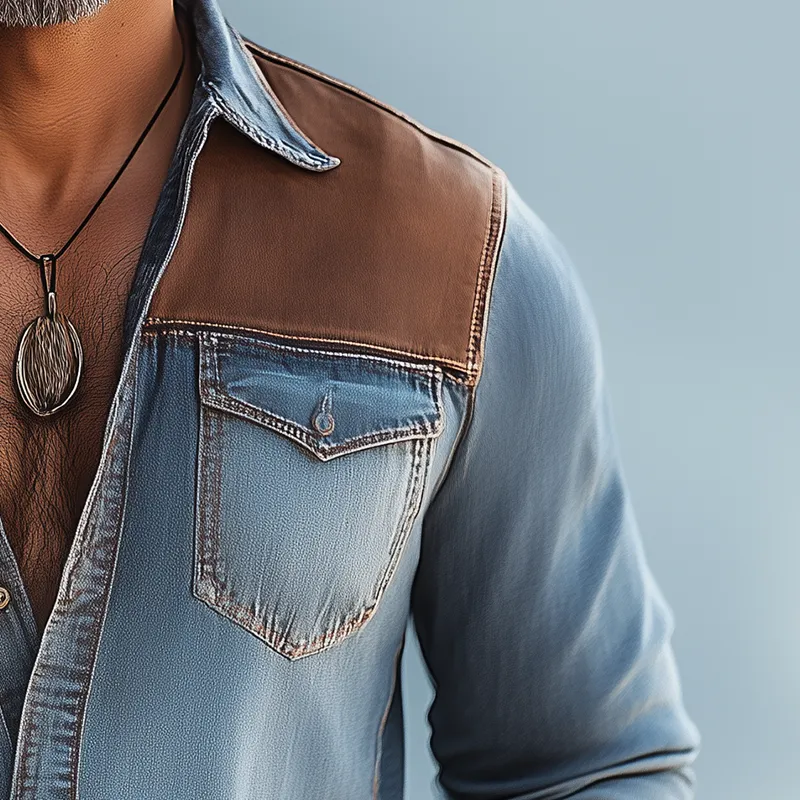 Men's Vintage Denim Patchwork Long-Sleeved Shirt MTA2970G7P sold by Manly product image thumbnail 4