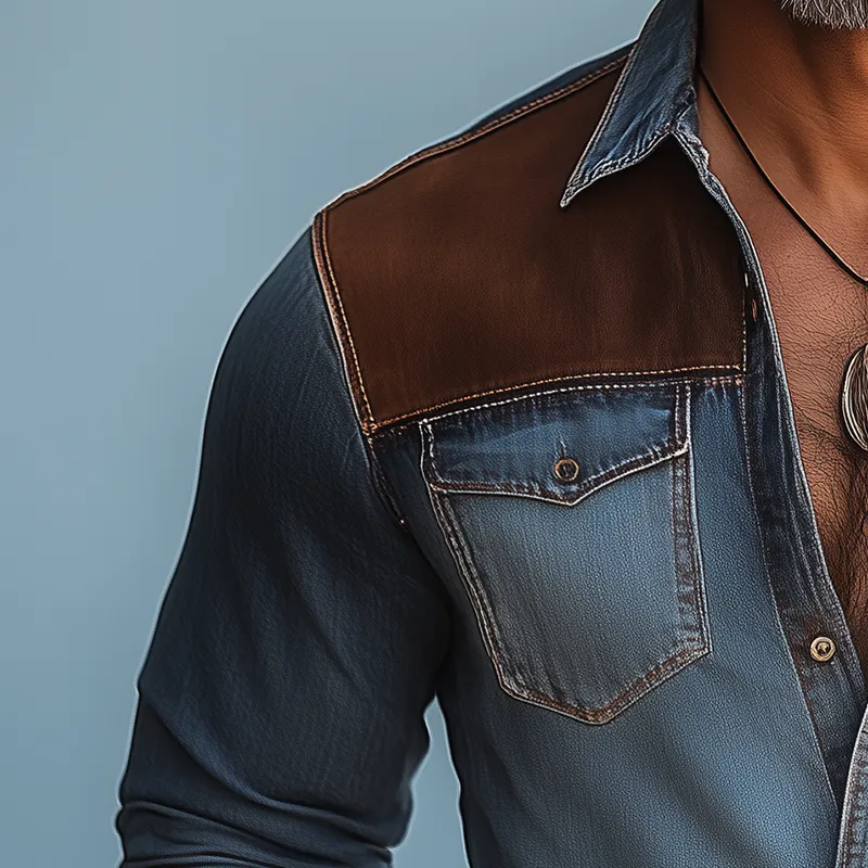 Men's Vintage Denim Patchwork Long-Sleeved Shirt MTA2970G7P sold by Manly product image thumbnail 3