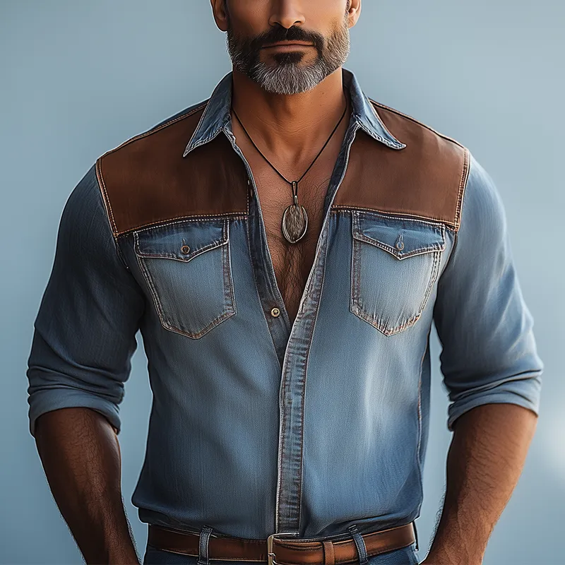 Men's Vintage Denim Patchwork Long-Sleeved Shirt MTA2970G7P sold by Manly product image thumbnail 2