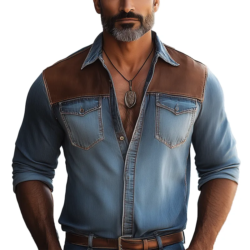 Men's Vintage Denim Patchwork Long-Sleeved Shirt MTA2970G7P sold by Manly