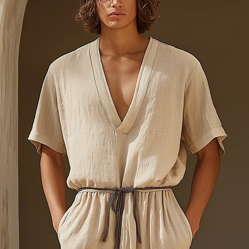 Men's Simple V-Neck Linen Mid-Sleeve T-Shirt MTA3098G2P sold by Manly product image thumbnail 2