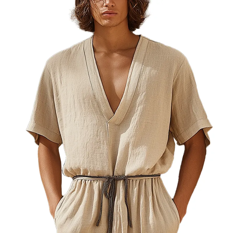 Men's Simple V-Neck Linen Mid-Sleeve T-Shirt MTA3098G2P sold by Manly