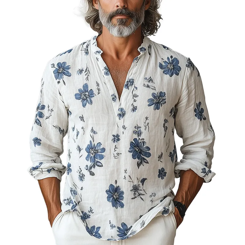 Men's Simple Printed Linen Long-Sleeved Shirt MTA3015G8P sold by Manly