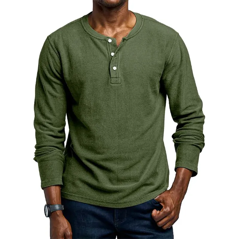 Men's Knitted Elastic Cotton And Linen Long-Sleeved Henley Shirt MTA3007G5P sold by Manly product image thumbnail 3
