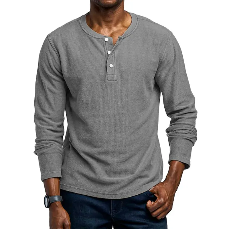 Men's Knitted Elastic Cotton And Linen Long-Sleeved Henley Shirt MTA3007G5P sold by Manly product image thumbnail 2