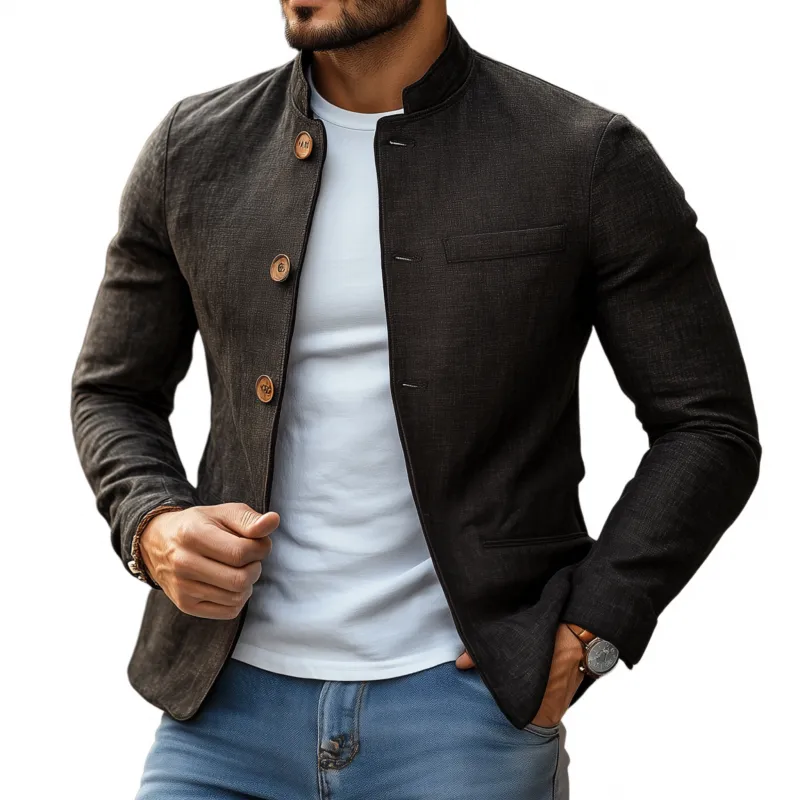 Men's Casual Solid Color Cotton Blend Stand Collar Single Breasted Slim Short Blazer MTA1718G4M sold by Manly