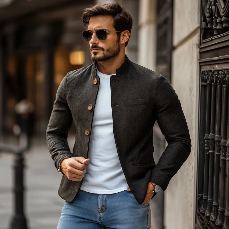 Men's Casual Solid Color Cotton Blend Stand Collar Single Breasted Slim Short Blazer MTA1718G4M sold by Manly product image thumbnail 3