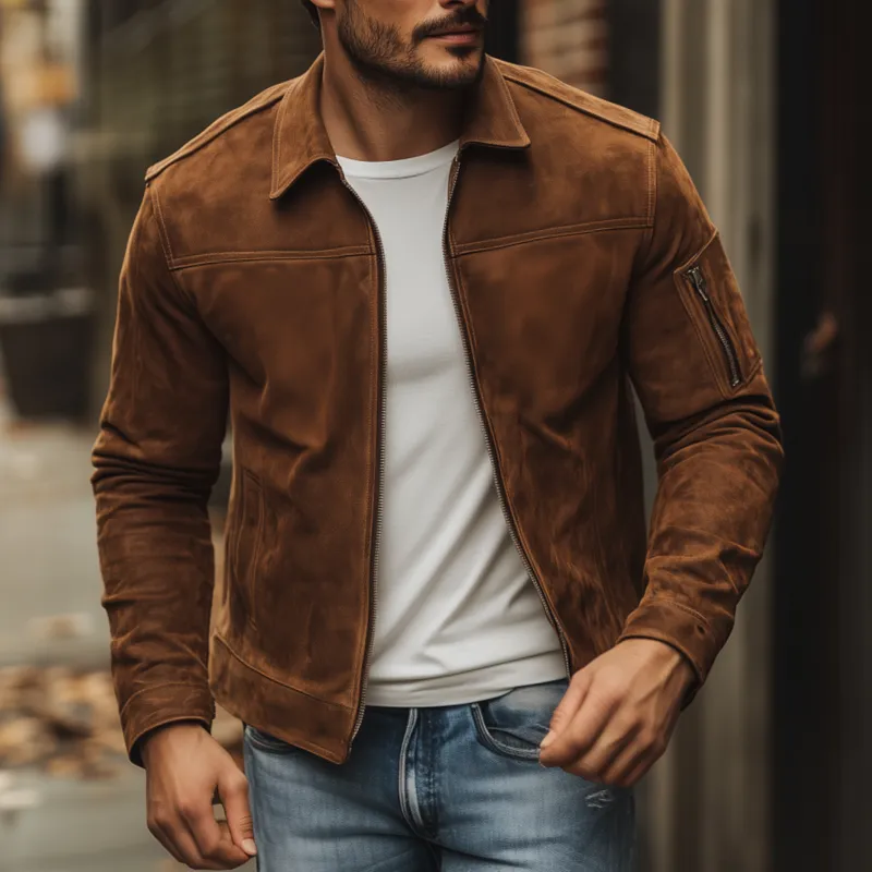 Men's Vintage Solid Faux Suede Lapel Zipper Placket Sleeve Pocket Slim Fit Jacket MTA2584G5M sold by Manly product image thumbnail 2