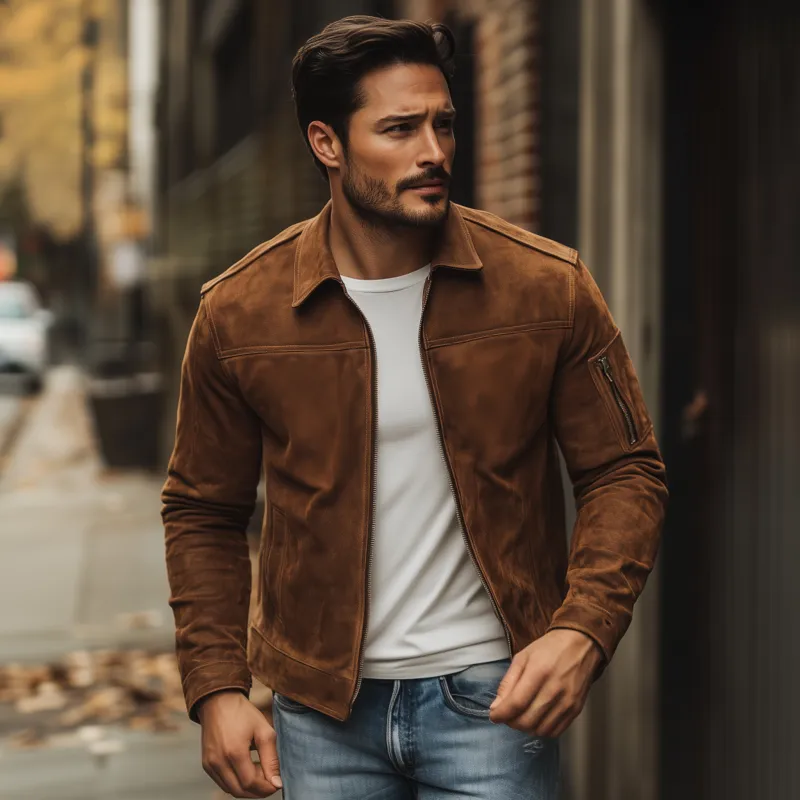 Men's Vintage Solid Faux Suede Lapel Zipper Placket Sleeve Pocket Slim Fit Jacket MTA2584G5M sold by Manly product image thumbnail 3