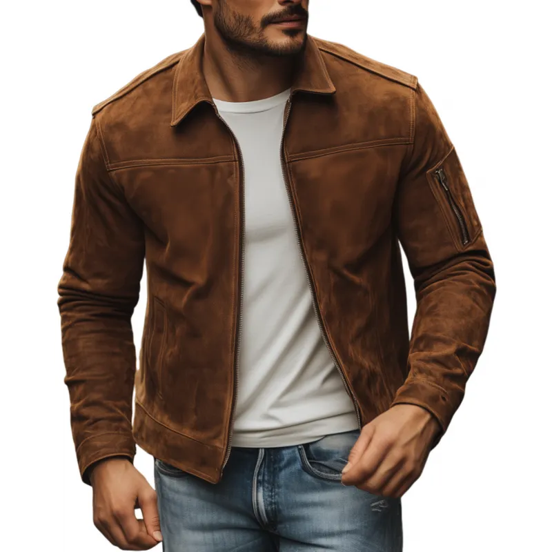 Men's Vintage Solid Faux Suede Lapel Zipper Placket Sleeve Pocket Slim Fit Jacket MTA2584G5M sold by Manly