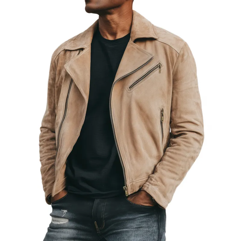 Men's Vintage Solid Color Faux Suede Lapel Slant Zipper Placket Slim Fit Jacket MTA2588G6M sold by Manly