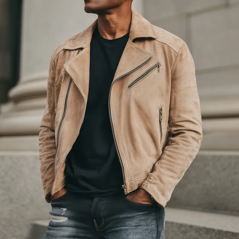 Men's Vintage Solid Color Faux Suede Lapel Slant Zipper Placket Slim Fit Jacket MTA2588G6M sold by Manly product image thumbnail 2