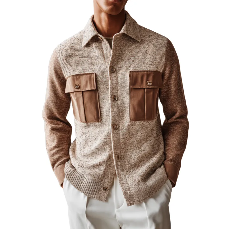 Men's Fashion Casual Pocket And Cuff Stitching Suede Lapel Knitted Long Sleeve Shirt Jacket MTA2930G2K sold by Manly