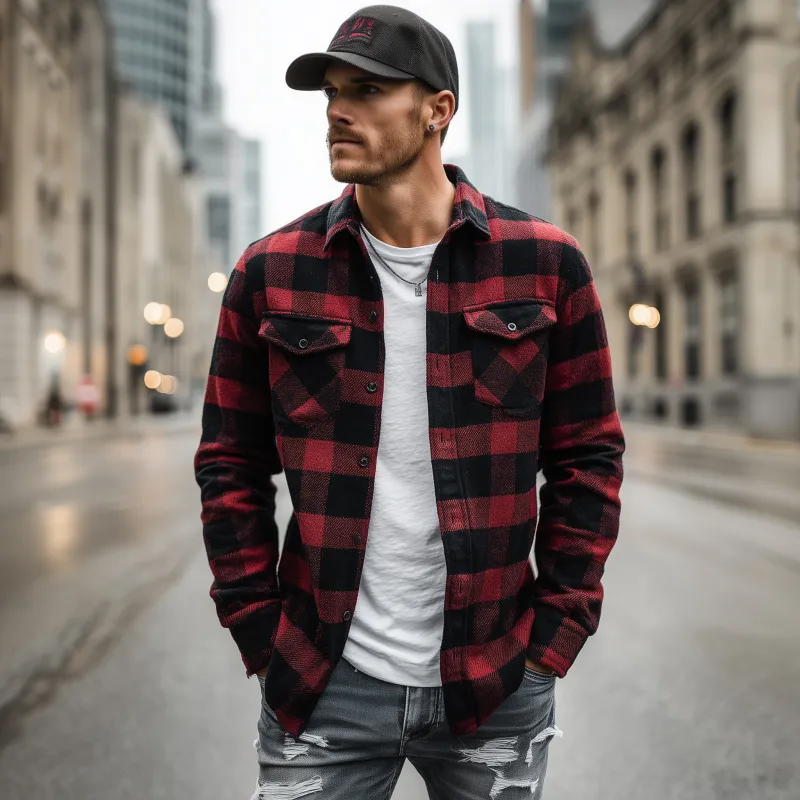Men's Vintage Cotton Blend Contrast Plaid Lapel Flap Pocket Slim Fit Long Sleeve Shirt Jacket MTA2945G8M sold by Manly product image thumbnail 3
