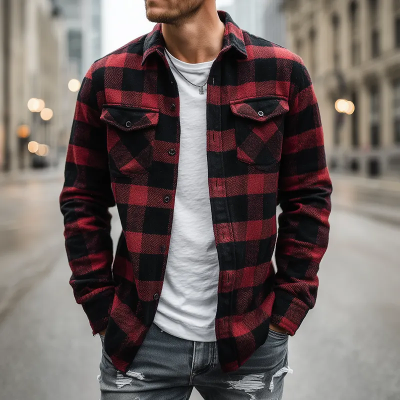 Men's Vintage Cotton Blend Contrast Plaid Lapel Flap Pocket Slim Fit Long Sleeve Shirt Jacket MTA2945G8M sold by Manly product image thumbnail 2