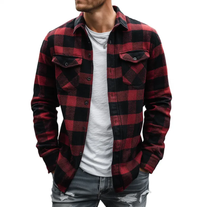 Men's Vintage Cotton Blend Contrast Plaid Lapel Flap Pocket Slim Fit Long Sleeve Shirt Jacket MTA2945G8M sold by Manly