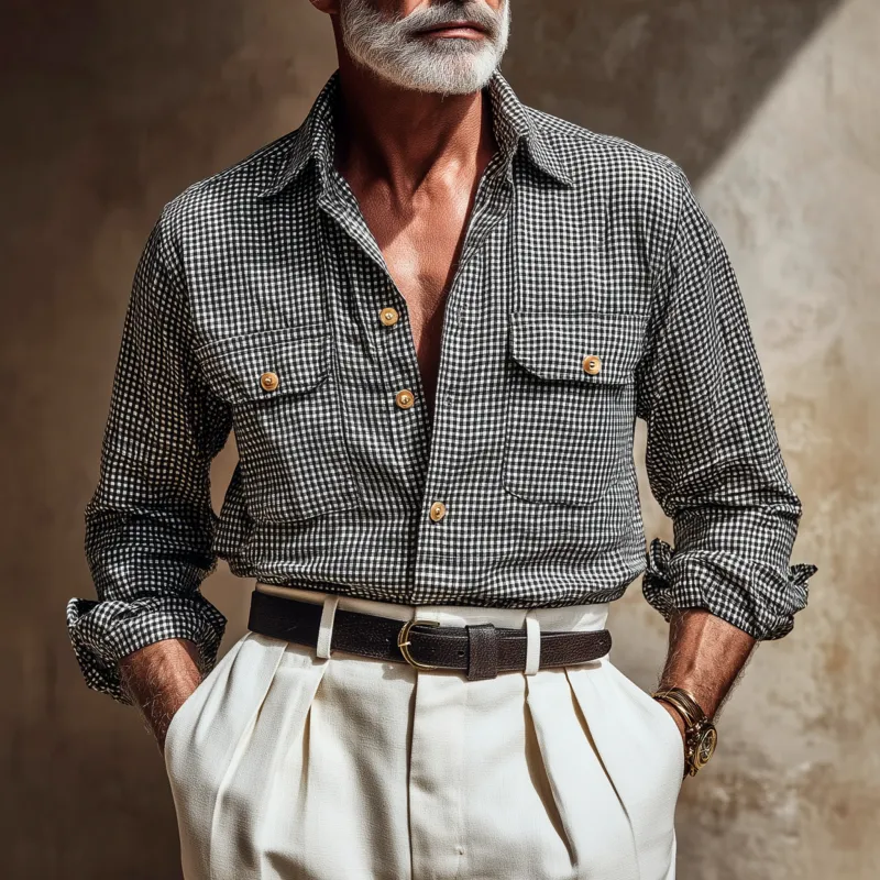 Men's Casual Breathable Cotton Checkerboard Lapel Flap Pocket Slim Fit Long Sleeve Shirt MTA2984G9M sold by Manly product image thumbnail 2