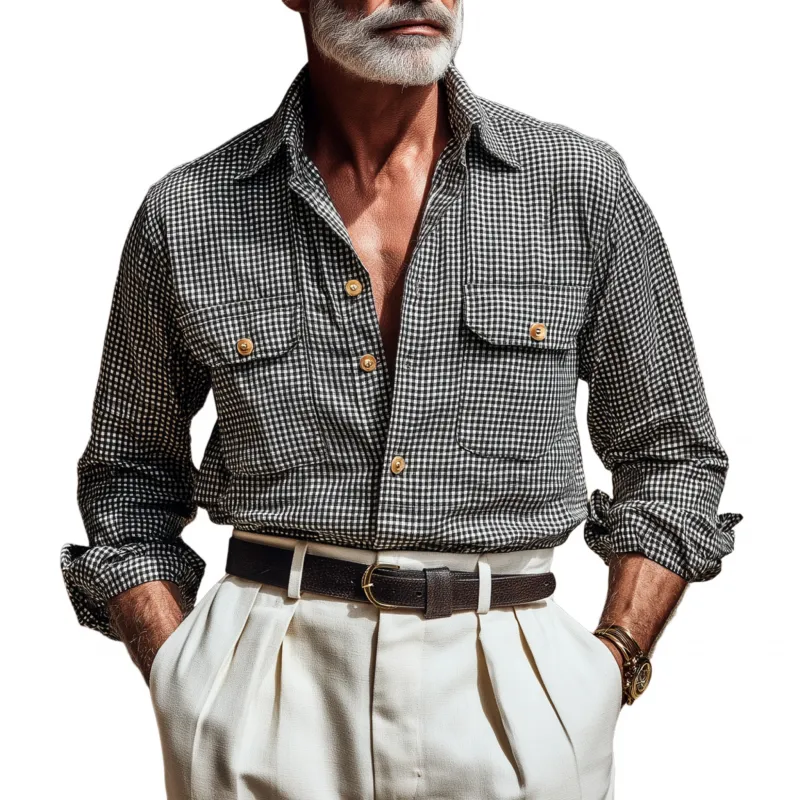 Men's Casual Breathable Cotton Checkerboard Lapel Flap Pocket Slim Fit Long Sleeve Shirt MTA2984G9M sold by Manly