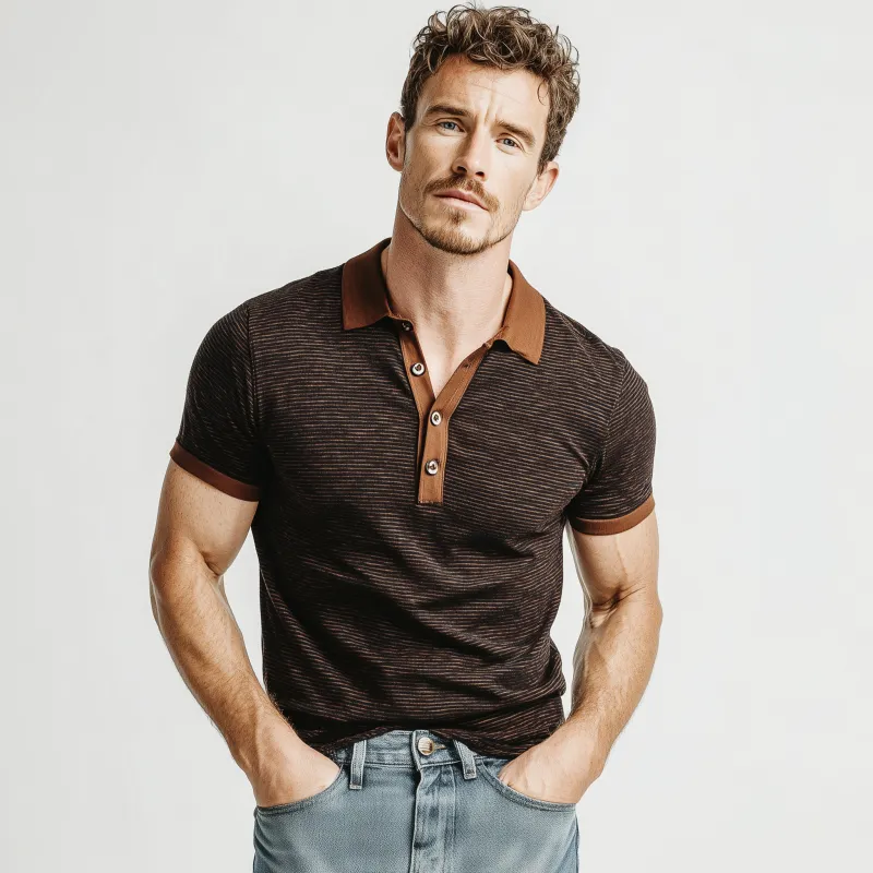 Men's Casual Breathable Cotton Striped Patchwork Lapel Slim Fit Short-sleeved Polo Shirt MTA2996G6M sold by Manly product image thumbnail 3