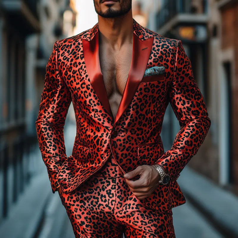 Men's Stylish Colorblock Leopard Print Satin Patchwork Shawl Collar Single-breasted Slim-fit Blazer MTA2911G7M sold by Manly product image thumbnail 2