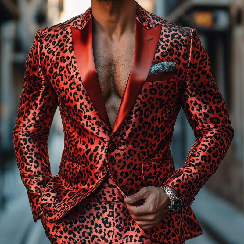 Men's Stylish Colorblock Leopard Print Satin Patchwork Shawl Collar Single-breasted Slim-fit Blazer MTA2911G7M sold by Manly product image thumbnail 3