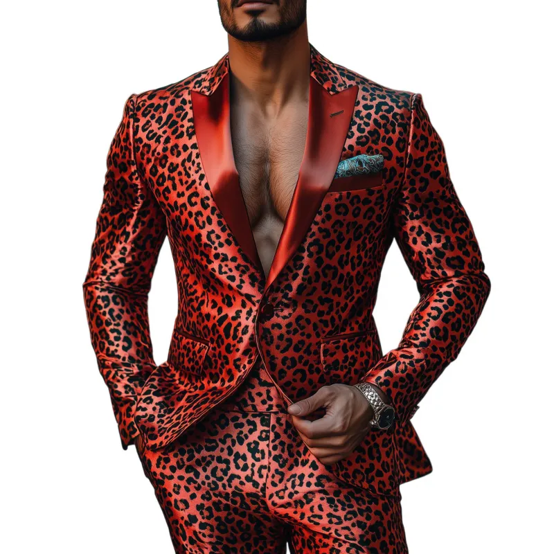 Men's Stylish Colorblock Leopard Print Satin Patchwork Shawl Collar Single-breasted Slim-fit Blazer MTA2911G7M sold by Manly