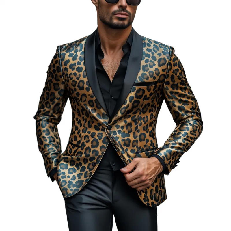 Men's Stylish Colorblock Leopard Print Satin Patchwork Shawl Collar Single-breasted Slim-fit Blazer MTA2802G2M sold by Manly