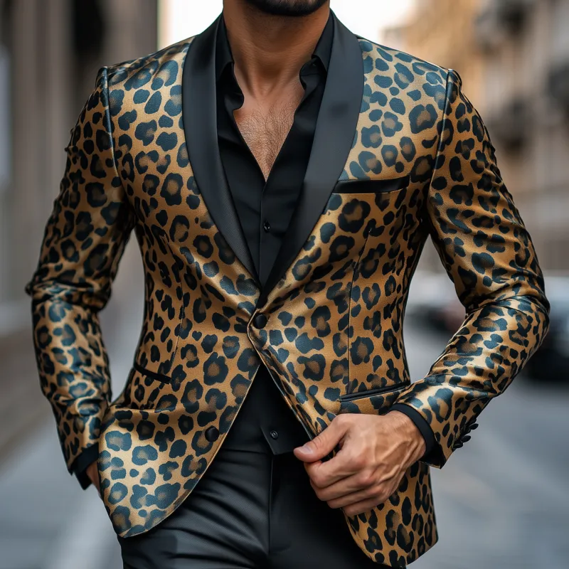 Men's Stylish Colorblock Leopard Print Satin Patchwork Shawl Collar Single-breasted Slim-fit Blazer MTA2802G2M sold by Manly product image thumbnail 3