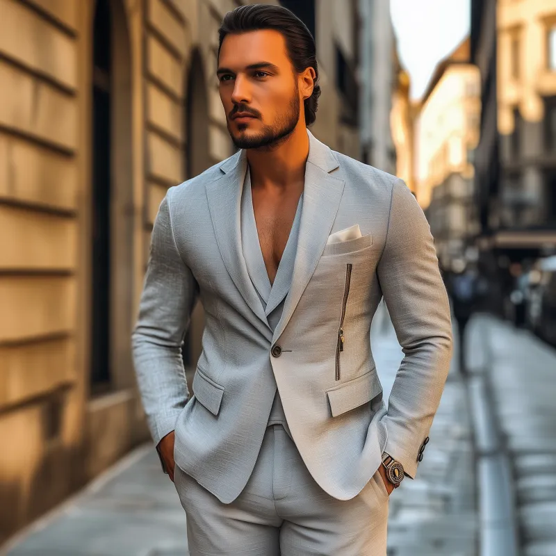 Men's Casual Solid Color Breathable Linen Notch Lapel Single-breasted Zipper Decorated Slim Fit Blazer MTA2836G5M sold by Manly product image thumbnail 3