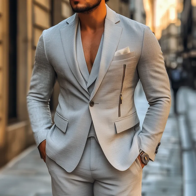 Men's Casual Solid Color Breathable Linen Notch Lapel Single-breasted Zipper Decorated Slim Fit Blazer MTA2836G5M sold by Manly product image thumbnail 2