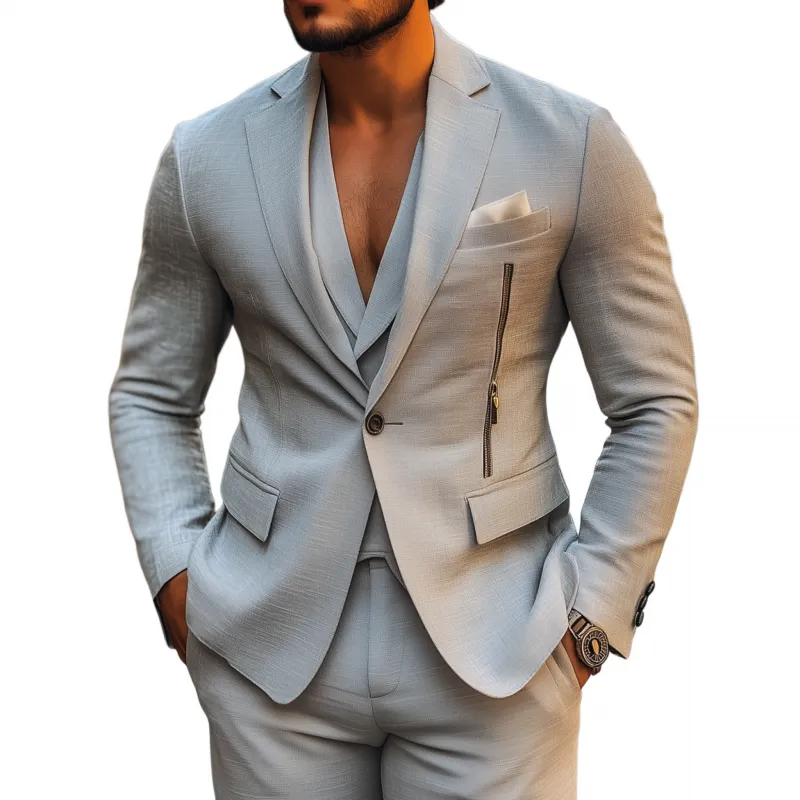 Men's Casual Solid Color Breathable Linen Notch Lapel Single-breasted Zipper Decorated Slim Fit Blazer MTA2836G5M sold by Manly