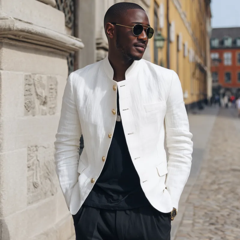 Men's Casual Solid Color Breathable Linen Stand Collar Single Breasted Slim Fit Blazer MTA2960G4M sold by Manly product image thumbnail 3