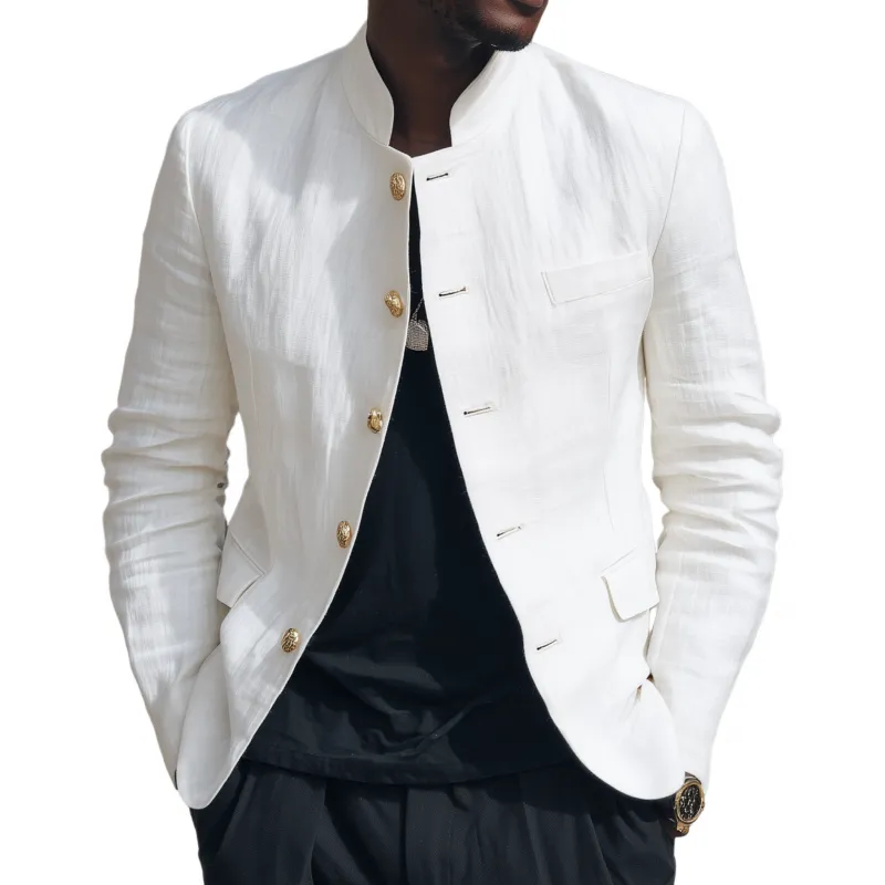 Men's Casual Solid Color Breathable Linen Stand Collar Single Breasted Slim Fit Blazer MTA2960G4M sold by Manly