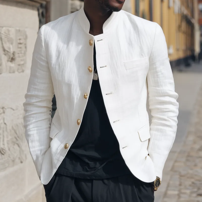 Men's Casual Solid Color Breathable Linen Stand Collar Single Breasted Slim Fit Blazer MTA2960G4M sold by Manly product image thumbnail 2