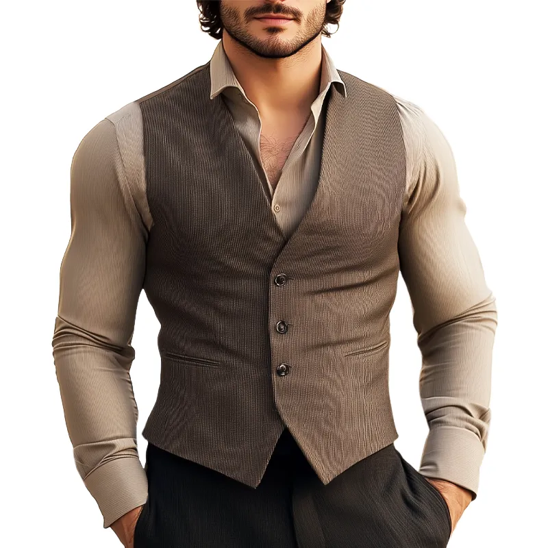 Men's Business V-Neck Striped Textured Three-Button Vest MTA2996G9U sold by Manly