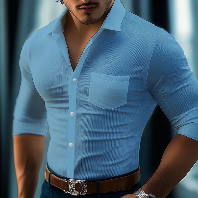 Men's Business Solid Color Striped Textured Long Sleeve Shirt MTA2943G8U sold by Manly product image thumbnail 4