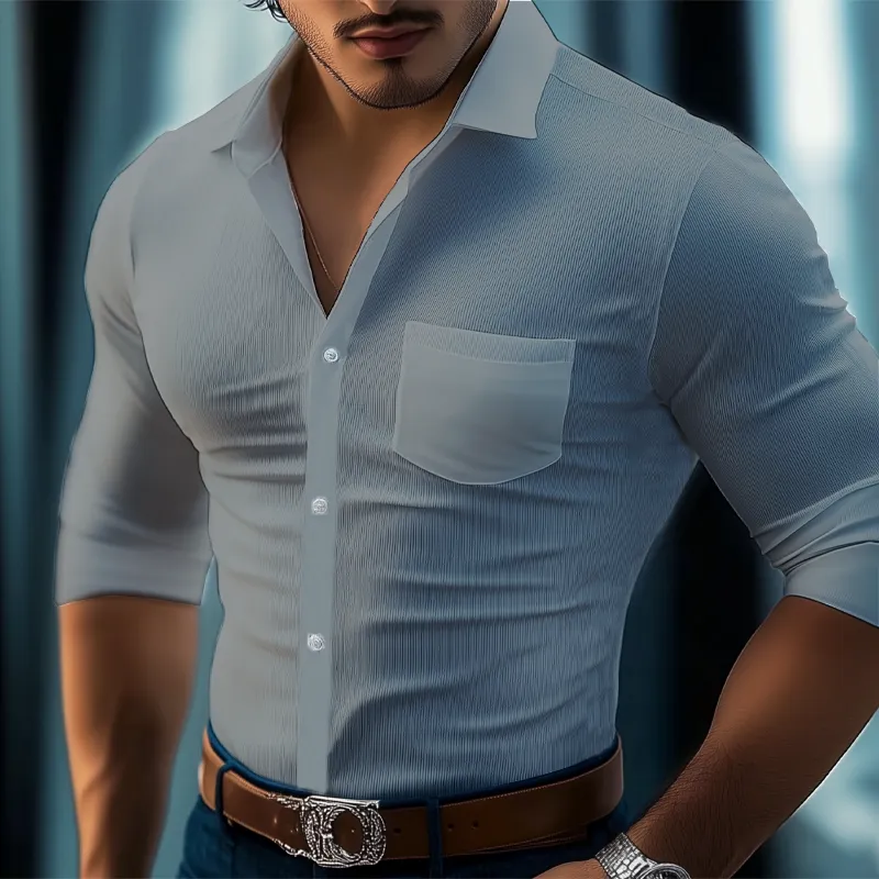 Men's Business Solid Color Striped Textured Long Sleeve Shirt MTA2943G8U sold by Manly product image thumbnail 5