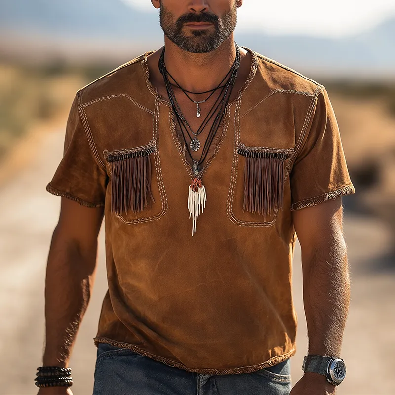 Men's Vintage Tassel Faux Suede Short Sleeve T-Shirt MTA2987G6P sold by Manly product image thumbnail 2