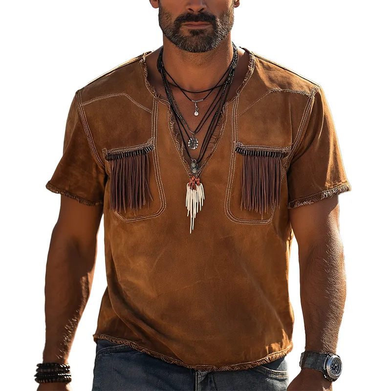 Men's Vintage Tassel Faux Suede Short Sleeve T-Shirt MTA2987G6P sold by Manly