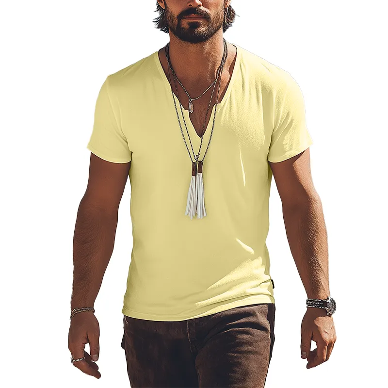 Men's Solid Color Small V-Neck Cotton And Linen Short-Sleeved T-Shirt MTA2933G7P sold by Manly