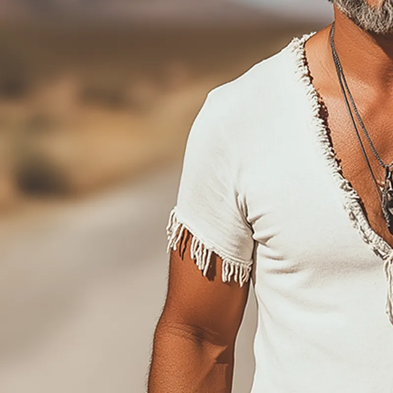 Men's Tassel Casual Cotton And Linen Short-Sleeved T-Shirt MTA2998G4P sold by Manly product image thumbnail 3