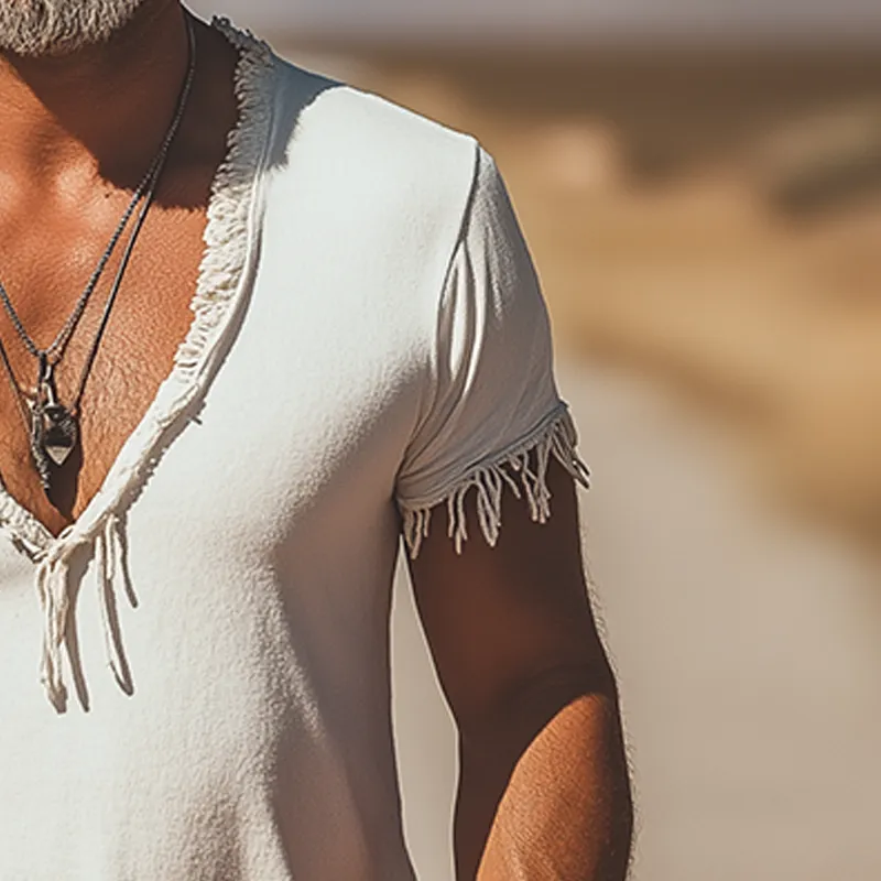 Men's Tassel Casual Cotton And Linen Short-Sleeved T-Shirt MTA2998G4P sold by Manly product image thumbnail 4