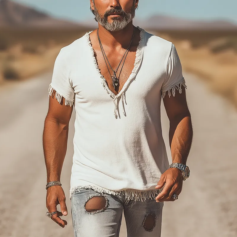 Men's Tassel Casual Cotton And Linen Short-Sleeved T-Shirt MTA2998G4P sold by Manly product image thumbnail 2