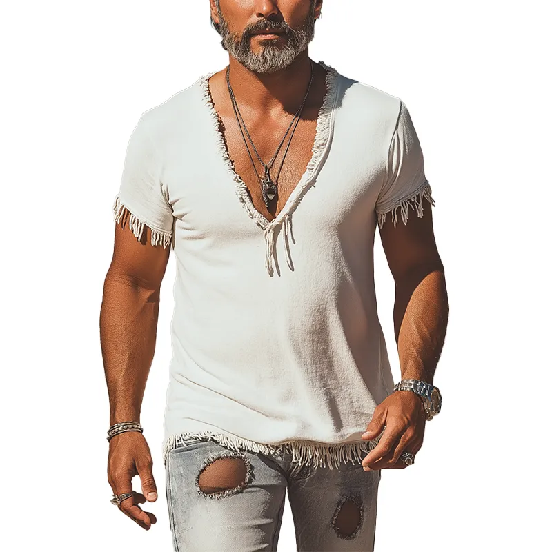 Men's Tassel Casual Cotton And Linen Short-Sleeved T-Shirt MTA2998G4P sold by Manly